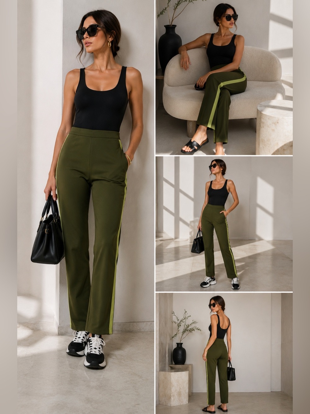 Badgley Mischka Olive Green Athleisure Slim Leg Pants Designer Lounge Joggers